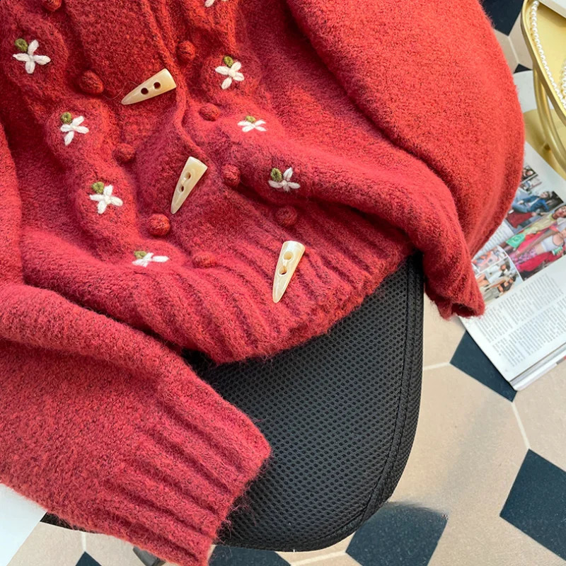 Mori Sweet Knitted Cardigan Women Vintage O-Neck Embroidery Horn Button Sweater Loose Coat Y2k Cute Knitwear Autumn Clothes 240824