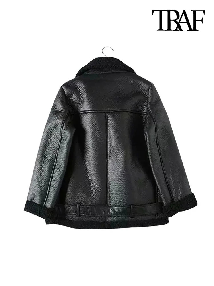 TRAF Womens Thick Warm Winter Fur Artificial Leather Oversized Jacket Long Sleeve Wear Fashion Top w240824