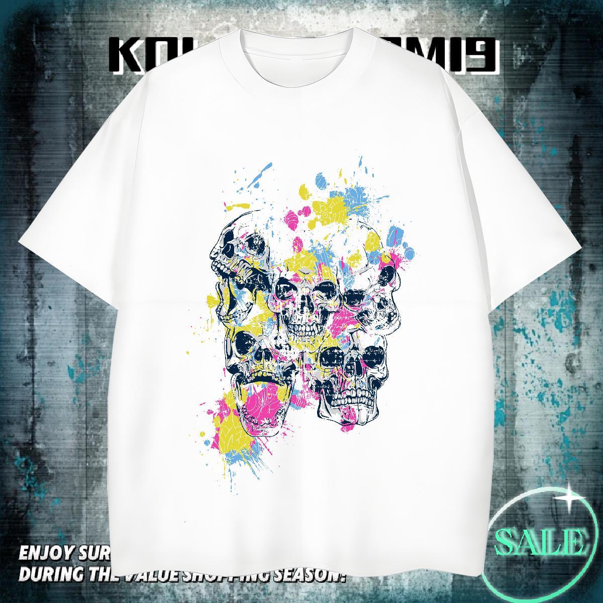 High Quality T-Shirts 230g Pure Cotton skull Street Casual Cartoon Printing L-4XL Breathable Soft Mens Tshirts Brand Tees