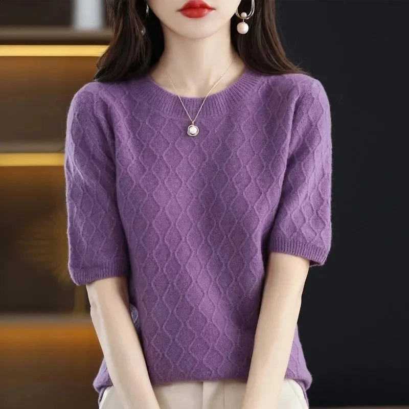 Women Sweater Short Sleeve O-neck Stripe Knitwears Slim Fit Shirt Jumpers Fashion Pullovers Thin Knit Bottoming Tops 240824
