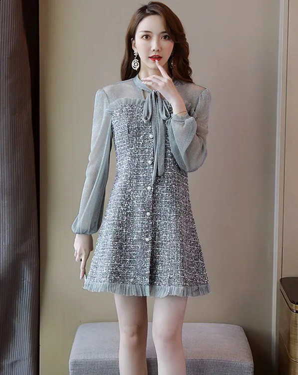 Autumn Ruffles chiffon Patchwork tweed Dress Female Elegant Bow Tie Long sleeve party Dress Vestido Robe Femme 240824
