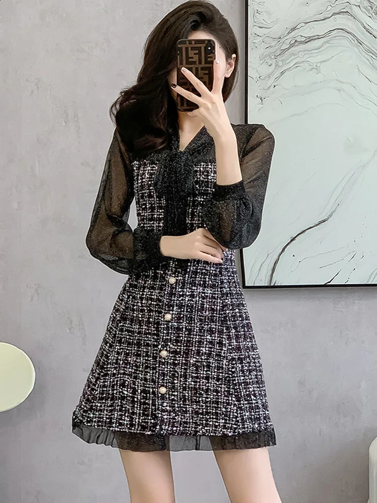 Korean Small Fragrant Tweed Dress Sweet Tie Long Sleeve Patchwork Single Breasted Casual Dresses Vintage Clothes For Woman 240824