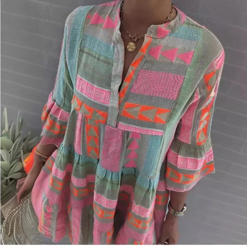 Womens Sexy V-neck Ruffled Bohemian Mini Dress Spring Vintage Print A-line Holiday Casual Autumn 3/4 Flared Sleeves Dresses 240824