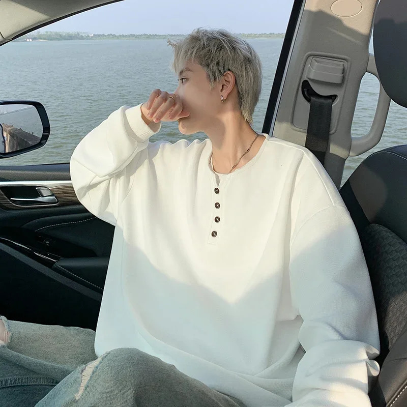 Autumn Korean Mens Cotton Button Henley Neck Shirt Long Sleeve Casual Button Solid Color Fashion Solid Loose T-Shirts 240824