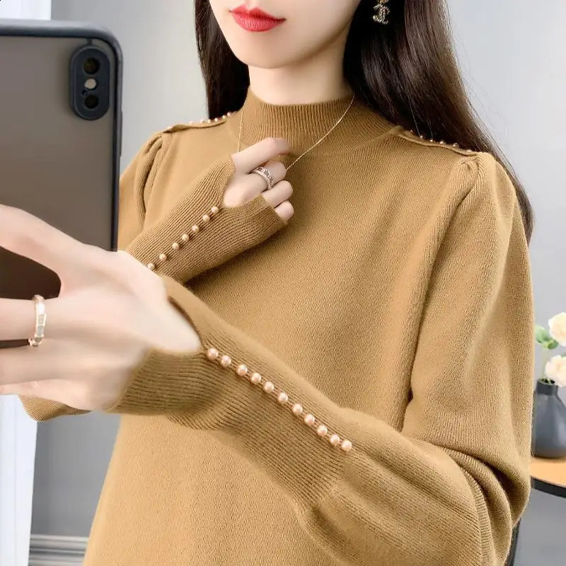Half-turtleneck Beaded Sweater Womens Base Layer Autumn and Winter Pullover Puff Sleeve Knit Top 240824