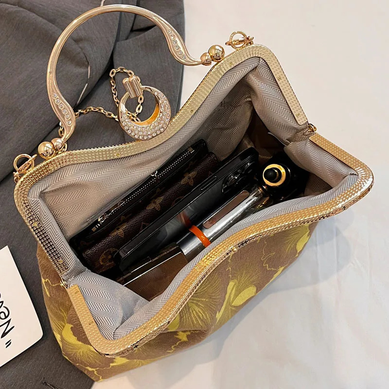 Floral Print Small Tote 2024 Women Green Handbags Party Clutch Female Dinner Chain Shoulder Bags Messenger 240824