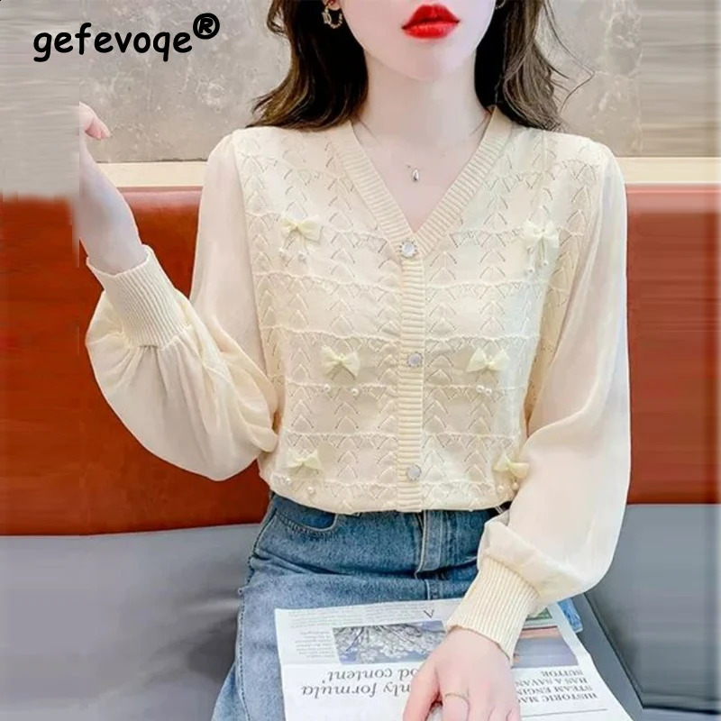 Women Clothing Spring Autumn Korean Fashion Bow Chic Sweet Patchwork Knitwears Female V Neck Long Sleeve Loose Pullover Tops 240824