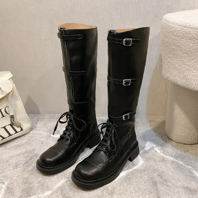 2024 Womens Fashion Buckle Knight Boots Autumn Winter Platform Knee High Boots Womens Retro PU Leather Boots 240823