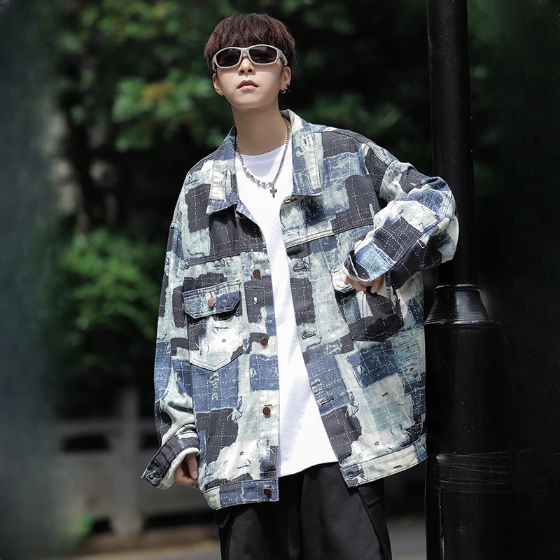 Denim jacket mens asymmetrical contrasting color pocket European style retro temperature backpack autumn fashion casual youth 240824