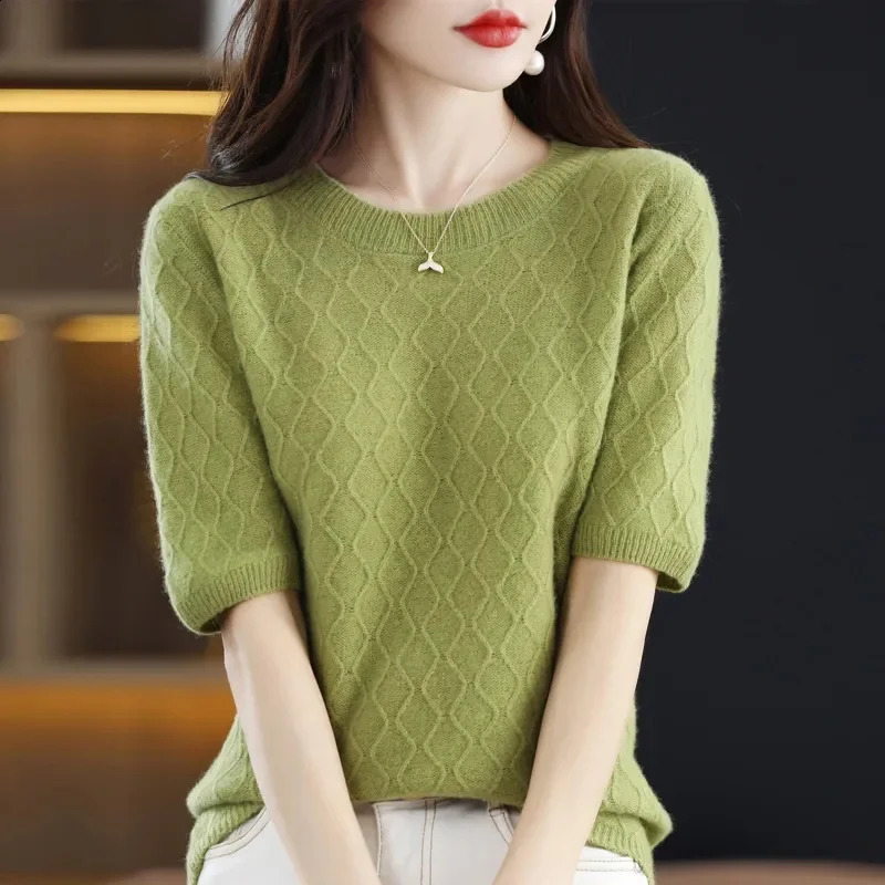 Women Sweater Short Sleeve O-neck Stripe Knitwears Slim Fit Shirt Jumpers Fashion Pullovers Thin Knit Bottoming Tops 240824