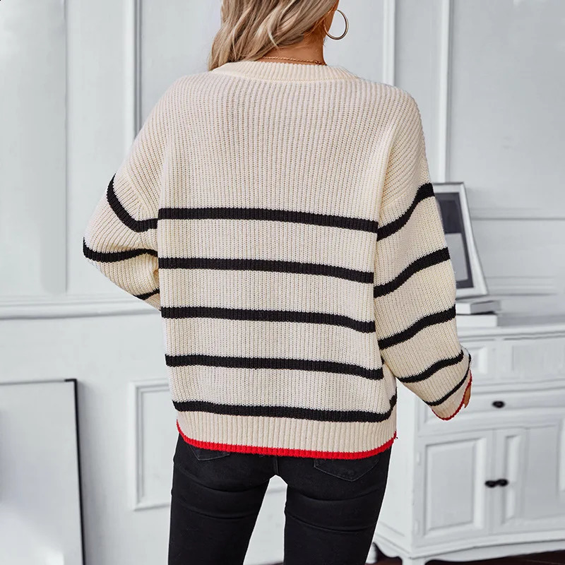 In Striped Pullovers O-neck Long Sleeve Knitted Sweater Women Autumn Winter Fashion Casual Knitwear Jumpers 240824