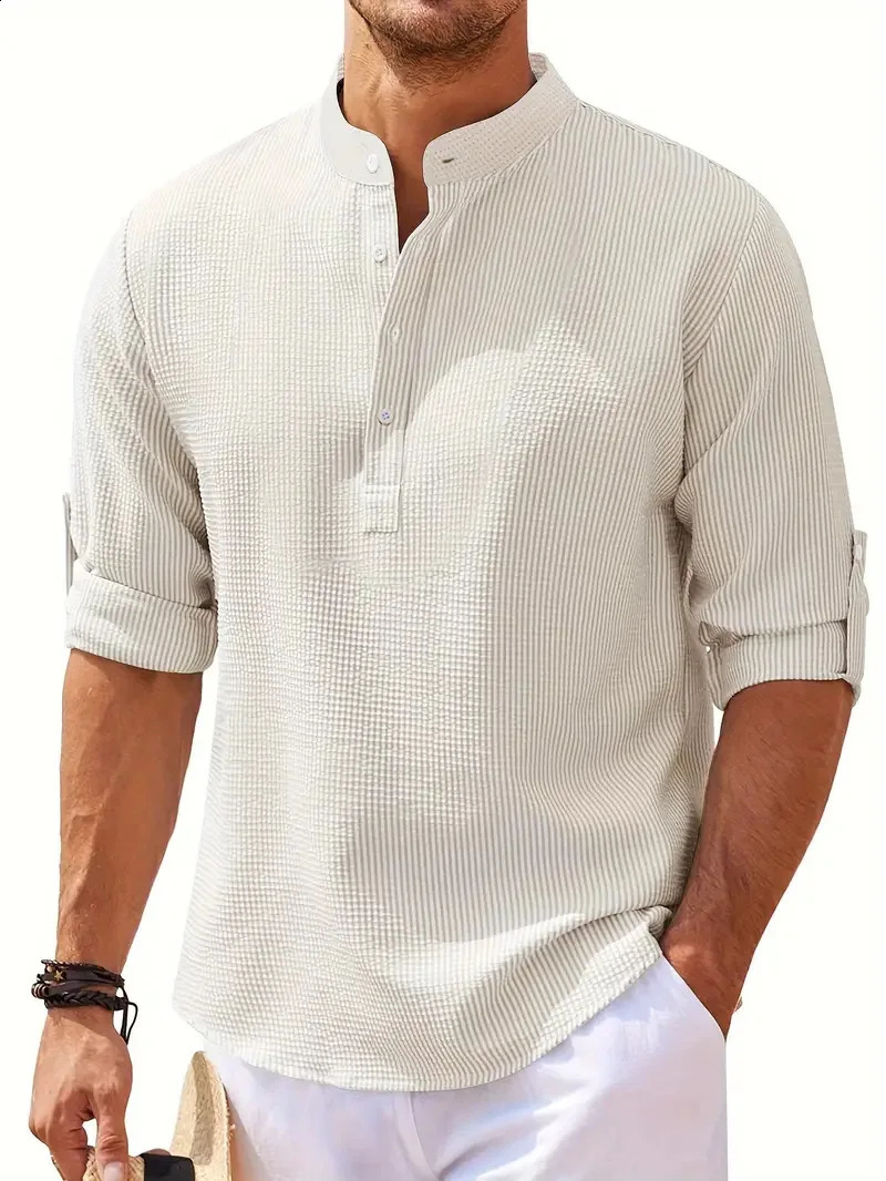 Mens Polo Shirt Autumn Mens Long Sleeve Stand Collar Waffle Fabric Polo Shirt Mens Long Sleeve Solid Color T-Shirt Loose 240824