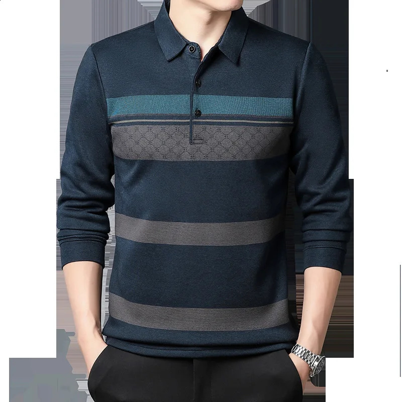 Mens Autumn Clothes Top Long-sleeved T-shirt Fashion Casual Mens Loose Striped Polo Shirt 240824