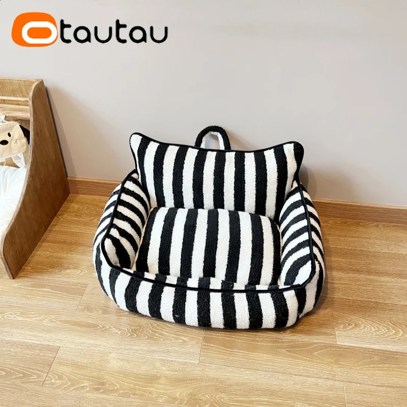 OTAUTAU Cute Pet Sofa Bed with Filler Washable Inner Liner Winter Warm Dog Cat Mini Couch Faux Fleece Stripe Pouf SF139 240824 - view 6