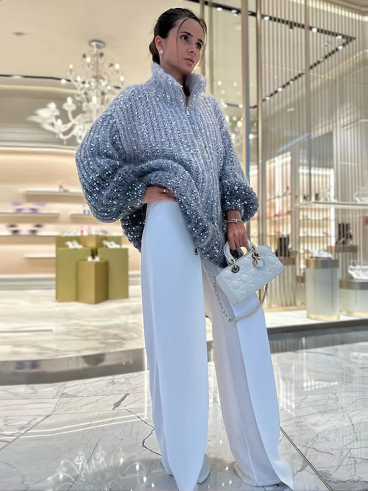 Sequin Knitted Womens Sweater Autumn Bishop Sleeve Zippers Loose Casual Sweaters Female Lady Stand Collar Outerwear 240824