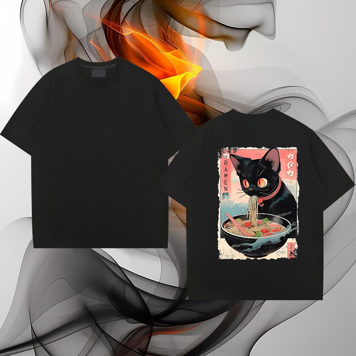 Fashion Tshirts The cat eats ramen noodles Home Outdoor 230g Pure Cotton Tee Shirt Crew Neck Cool T Shirt For Man White Plus Size
