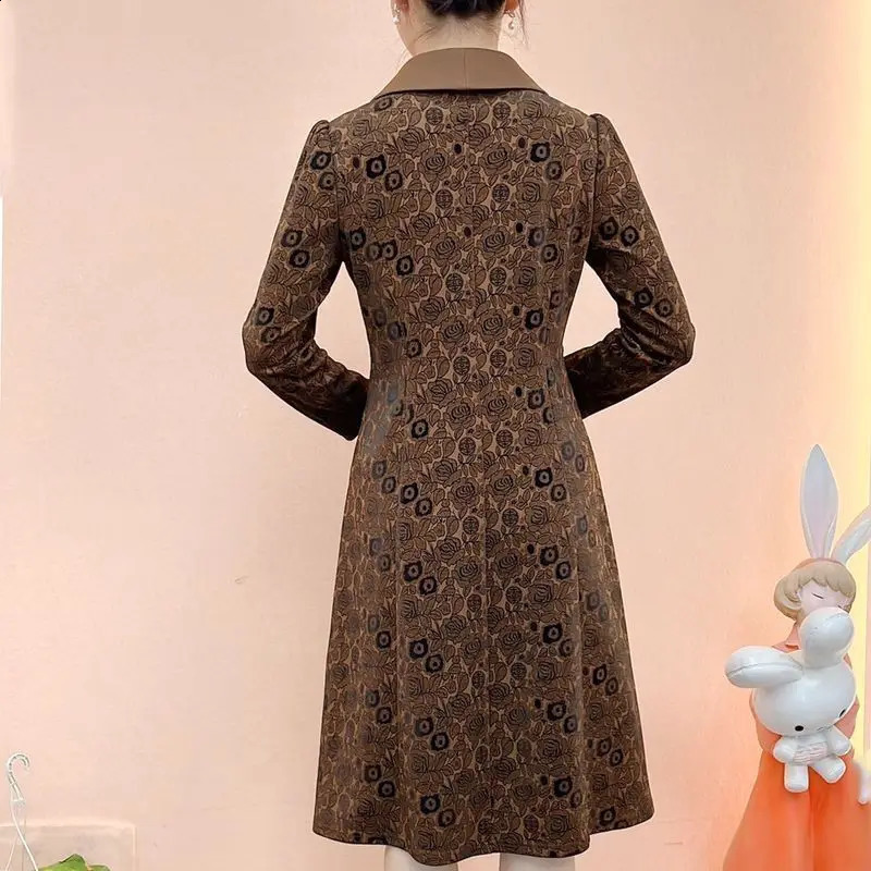 Middle-aged Elderly Women Clothing Autumn Winter Fashion Vintage Print Elegant Midi Dress Casual Pocket Long Sleeve Slim Dresses 240824