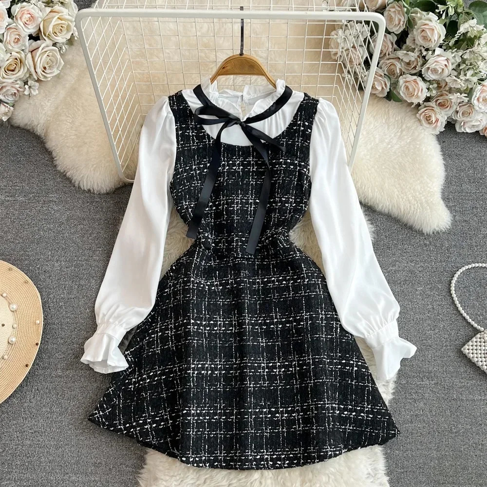 False Two Pieces Dresses for Women Plaid Patchwork Stand Collar Long Sleeve Tweed Vestidos Autumn Female Dress Drop 240824