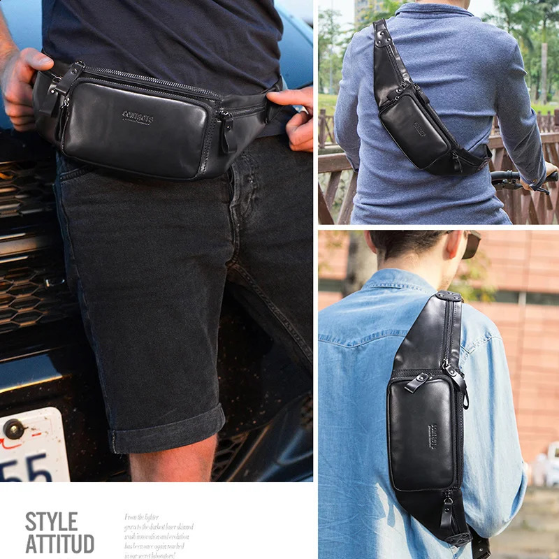 CONTACT genuine leather mens fanny pack casual phone bag mens travel cross body bag mens waist bag 240824