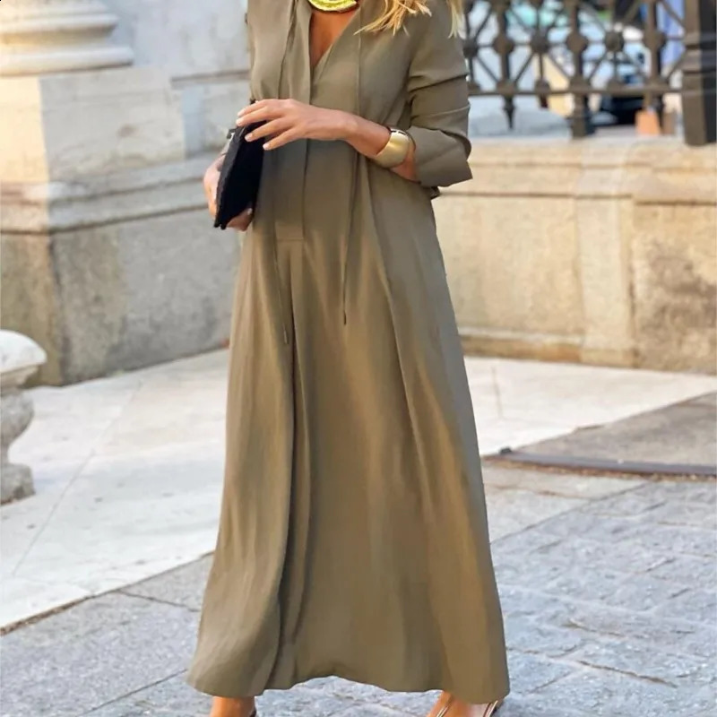 Womens Dress With Solid Color Lapel Long Sleeved Simple Casual Tie V-neck Long Shirt Loose Fitting Womens Dress Y2k 240824
