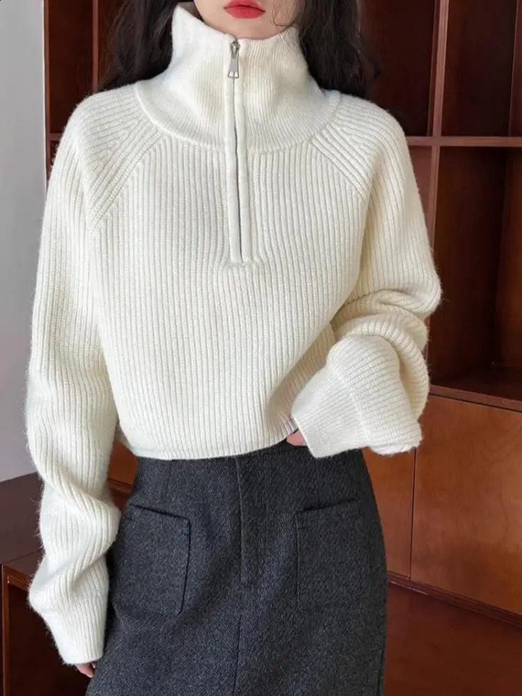Solid Sweater Women Autumn Winter Korean Half Turtleneck Zipper Knitted Pullover Thick Vintage Fashion Tops Clothes 240824