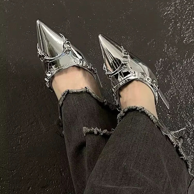 Y2K silver high-heeled sandals for womens summer 2024 punk gothic toe party shoes for womens metal thin high-heeled dress pump for women 240823