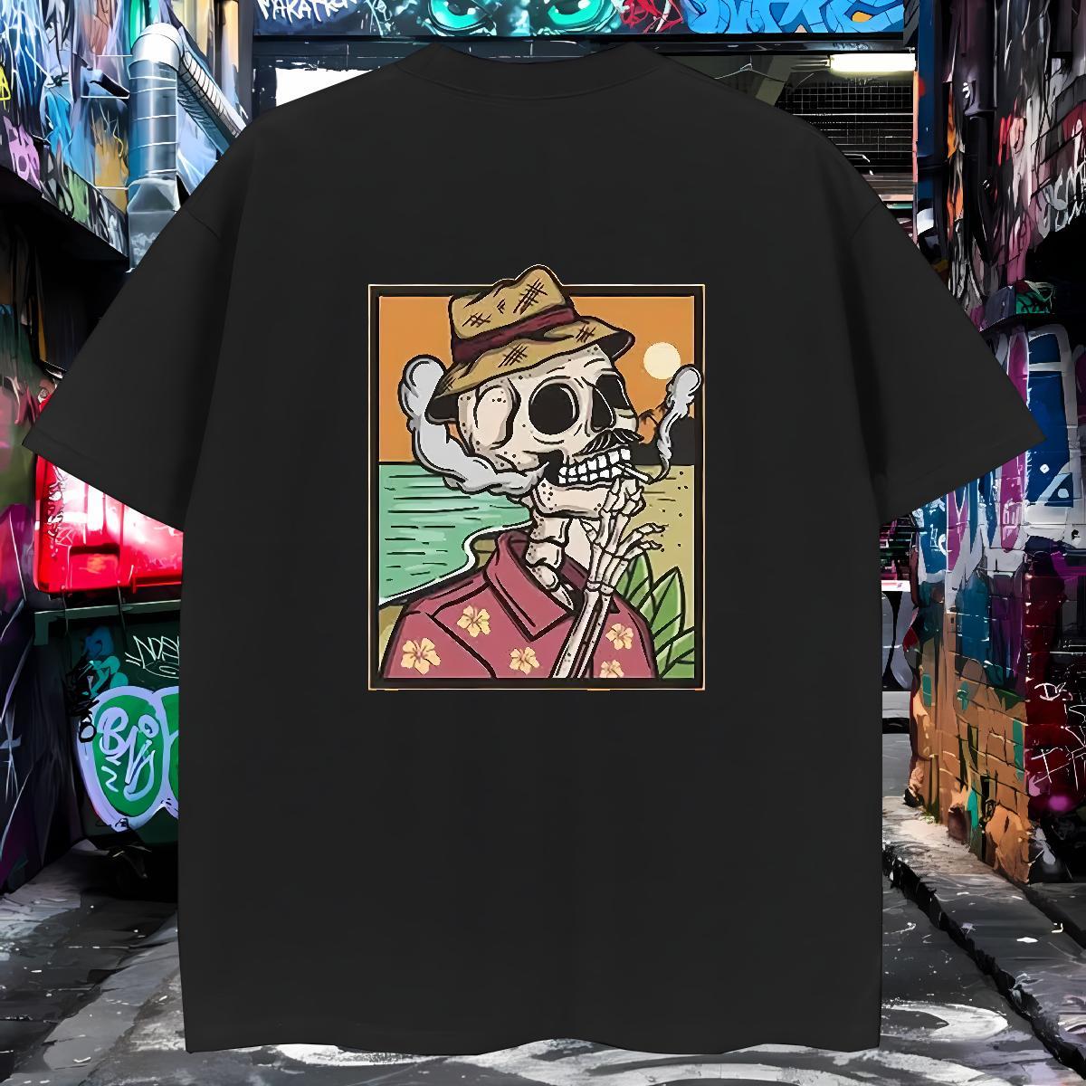 Unisex Man T Shirts 230g Pure Cotton skull Anime Printing Street Plus Size Cartoon O Neck Short Sleeves Men Tops Tees Casual New Clothings