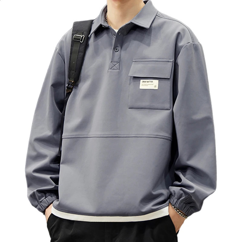 Mens Fall Casual Polo Shirts Classic Button Basic Long Sleeve with Pocket Shirt Solid Color Korean Stylish Tops Clothes For Men 240824
