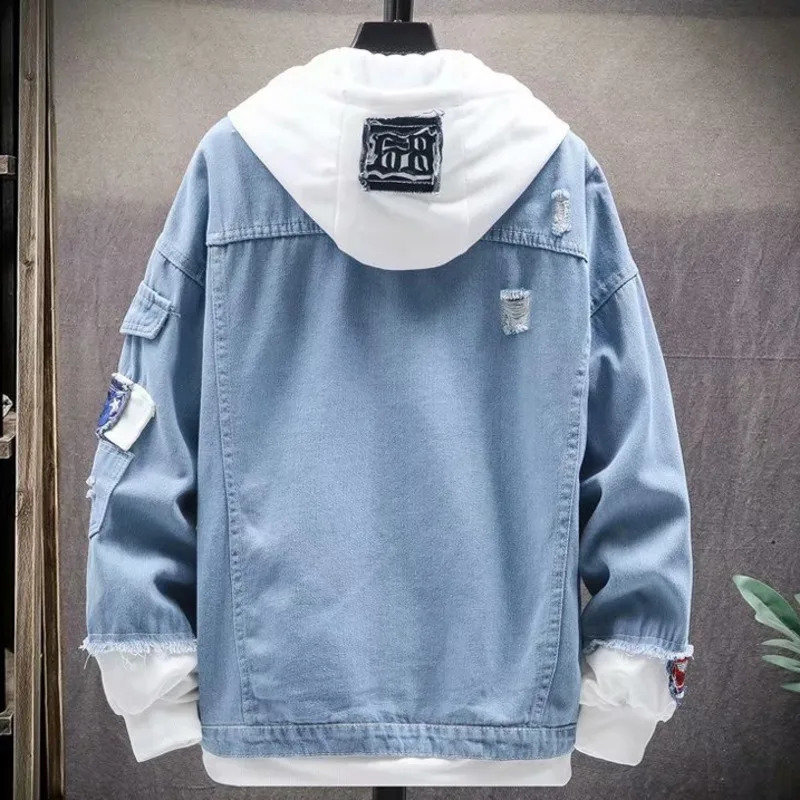 Mens hooded denim jacket hiphop retro streetwear casual bomber mens jeans 240824