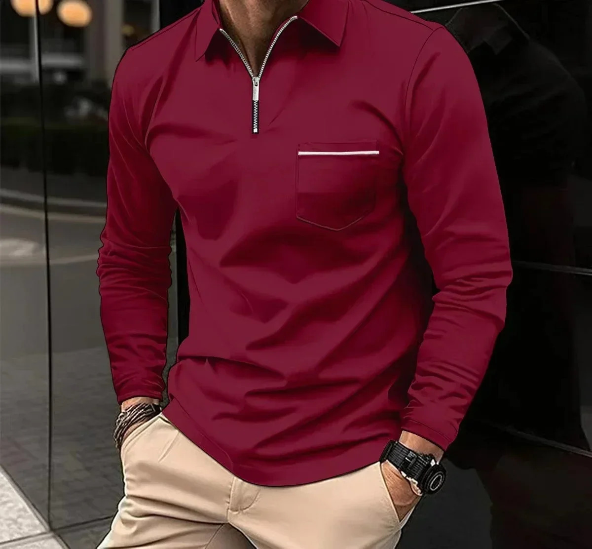 Fashion Men Shirts Autumn Casual Loose Fitting Polo Blouse Zipper Pocket Solid Color Mans Long Sleeve Sports Y2k Tops 240824
