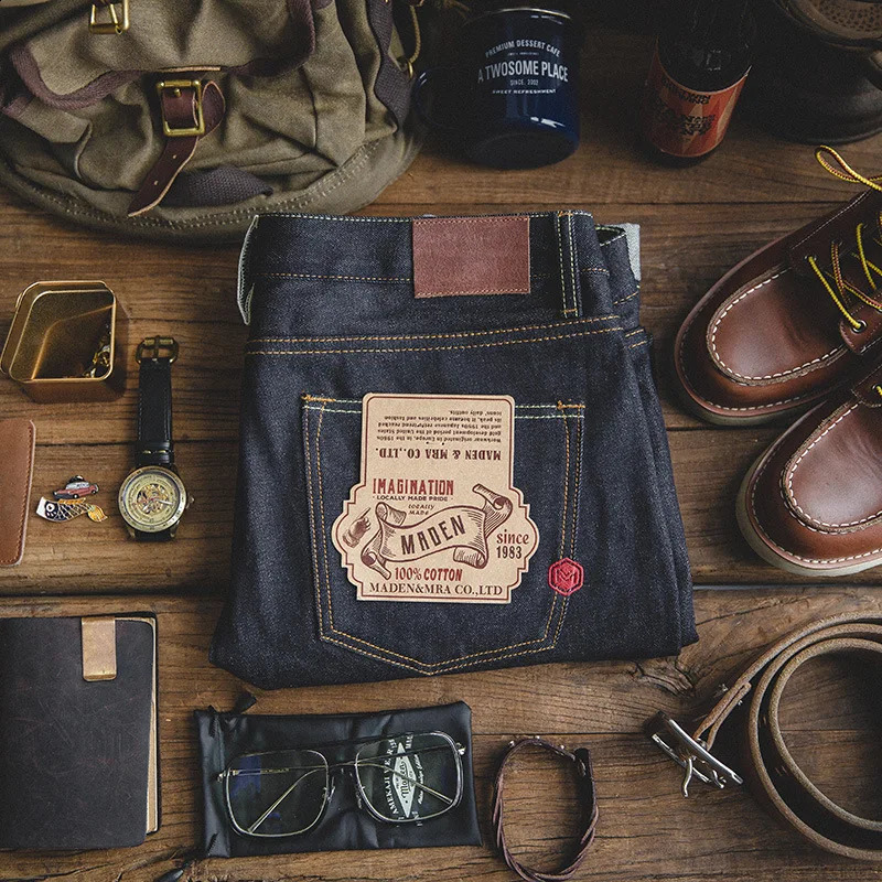 Maden Highend Dark Jeans Size 28 to 36 Retro 145oz Classic Cotton Slim Straight Original Uncle Fu Tapered Denim Pants 240824
