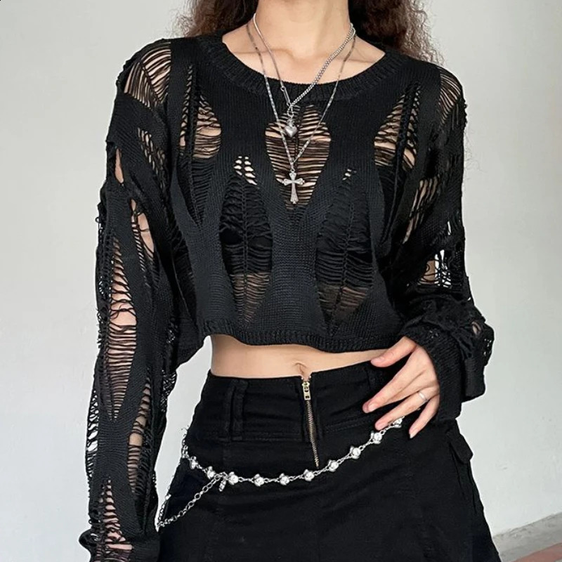 Hollow Out Pullovers Women Black Autumn Streetwear Personality Casual Loose Korean Style Fashion Solid Sexy Knitwear Grunge 240824