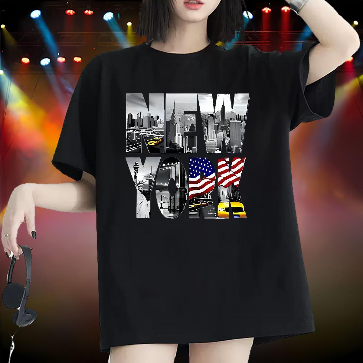 Loose fit Woman Tshirt 230g 100% Cotton New York Sports Street Wear T shirt Breathable Soft Cartoon Floral Printing Tees