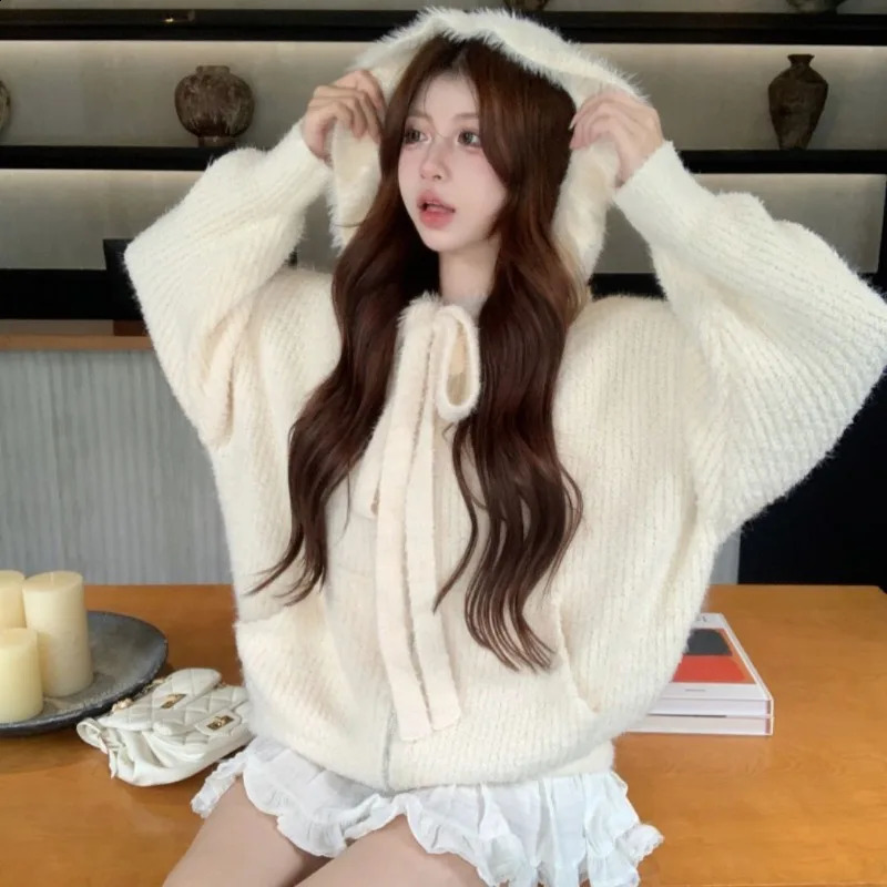 Sweet Hooded Knitwear Women Korean Lace Up Soft Glutinous Academy Fashion Gentle Solid Lazy Warm Winter Female Sweater Coat Top 240824