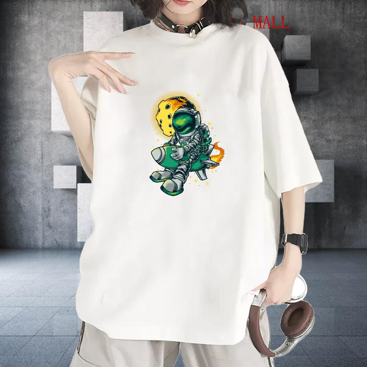 Loose Women Tshirts 230g Cotton universe Sports Street Wear T-Shirts for Women Breathable Short Sleeve Cartoon Print Tops