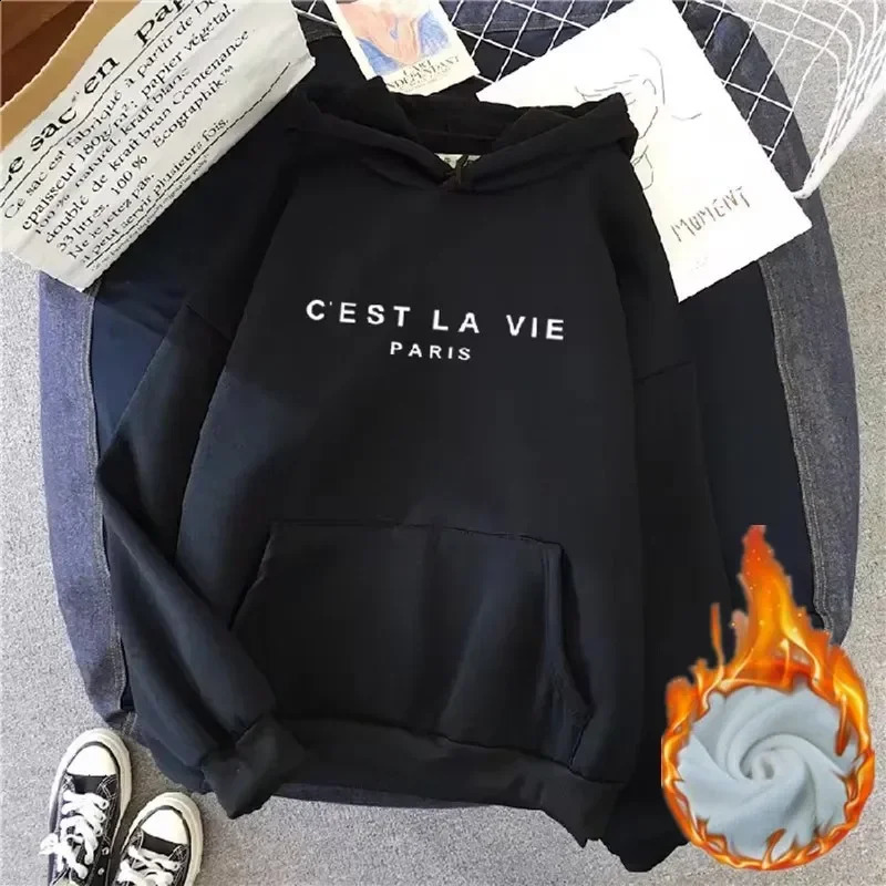 Autumn Winter Women Fleece Hoodies Thick Warm Female Long Sleeve Hooded Sweatshirts Casual Print Lady Loose Pullover Tops 240824