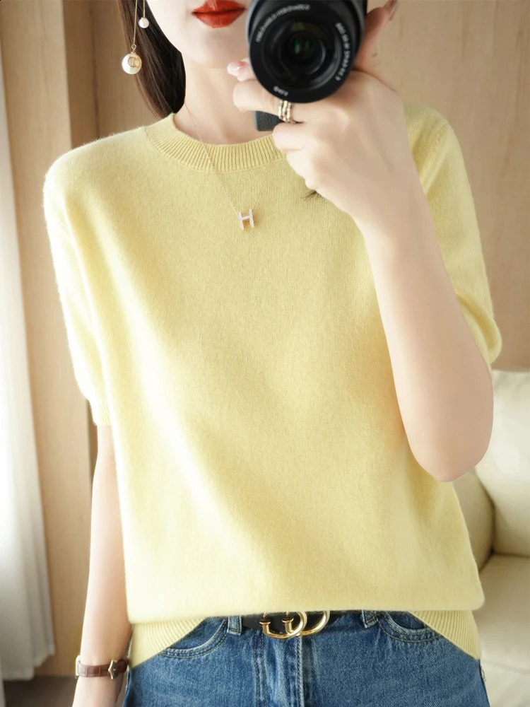 Chic Women Summer T-shirt O-neck Short Sleeve Pullover Sweater Merino Wool Knitwear Basic Soft Clothing Korean Style Tops 240824