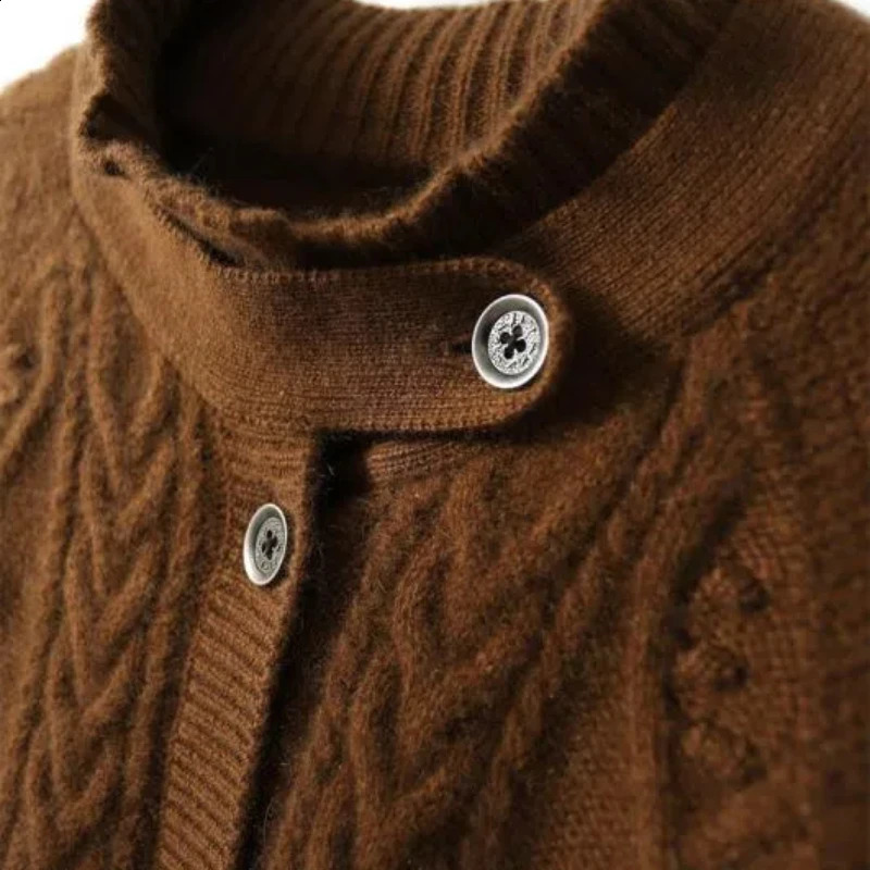 Womens Half High Collar Screw Thread Solid Color Button Lantern Long Sleeve Cardigan Sweater Knitted Coats Autumn Winter Tops 240824