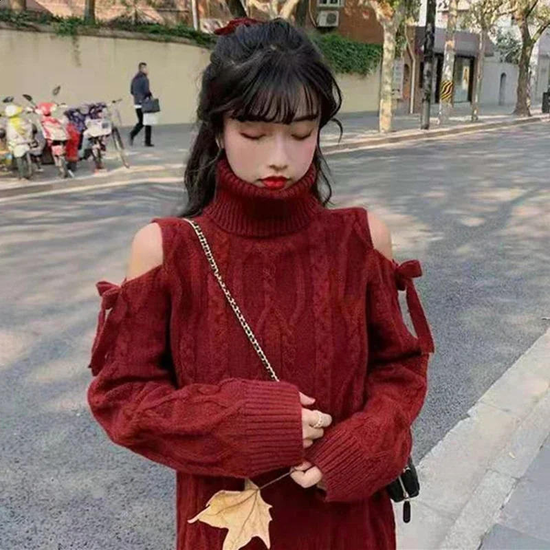GIDYQ Christmas Off Shoulder Turtleneck Sweater Women Fashion Twist Long Sleeve Jumper Wine Red Year Loose Knitwear Winter 240824