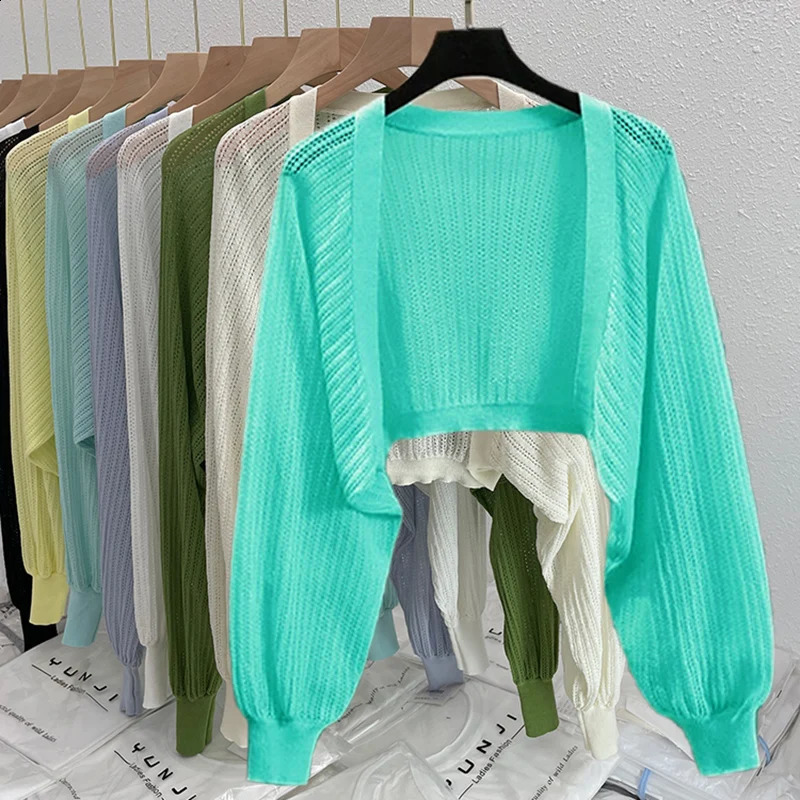 Long Sleeve Hollow Out Knitted Open Stitch Women Summer Thin Short Loose Shirt Sun Protection Cover up Solid Casual All-match 240824