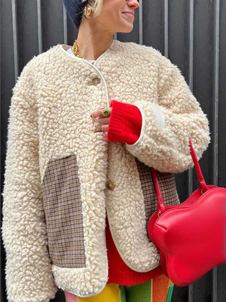 Women's Jackets Fashion Patchwork Packet Lamb Wool Warm Coat Chic O Neck Single Breast Long Slve Cotton Jacket 2024 New Lady Commuting Outwear Y2