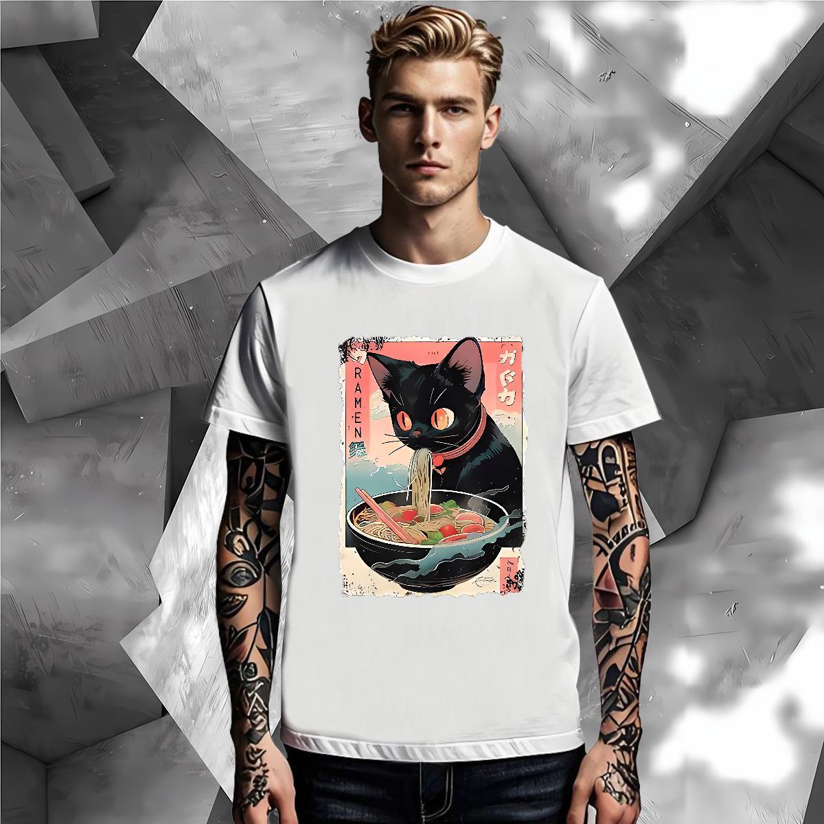 New Arrival Men Tops Tees The cat eats ramen noodles Street Wear 230g Pure Cotton Tee Shirt Short Sleeve Soft Classic T-Shirts White Plus Size
