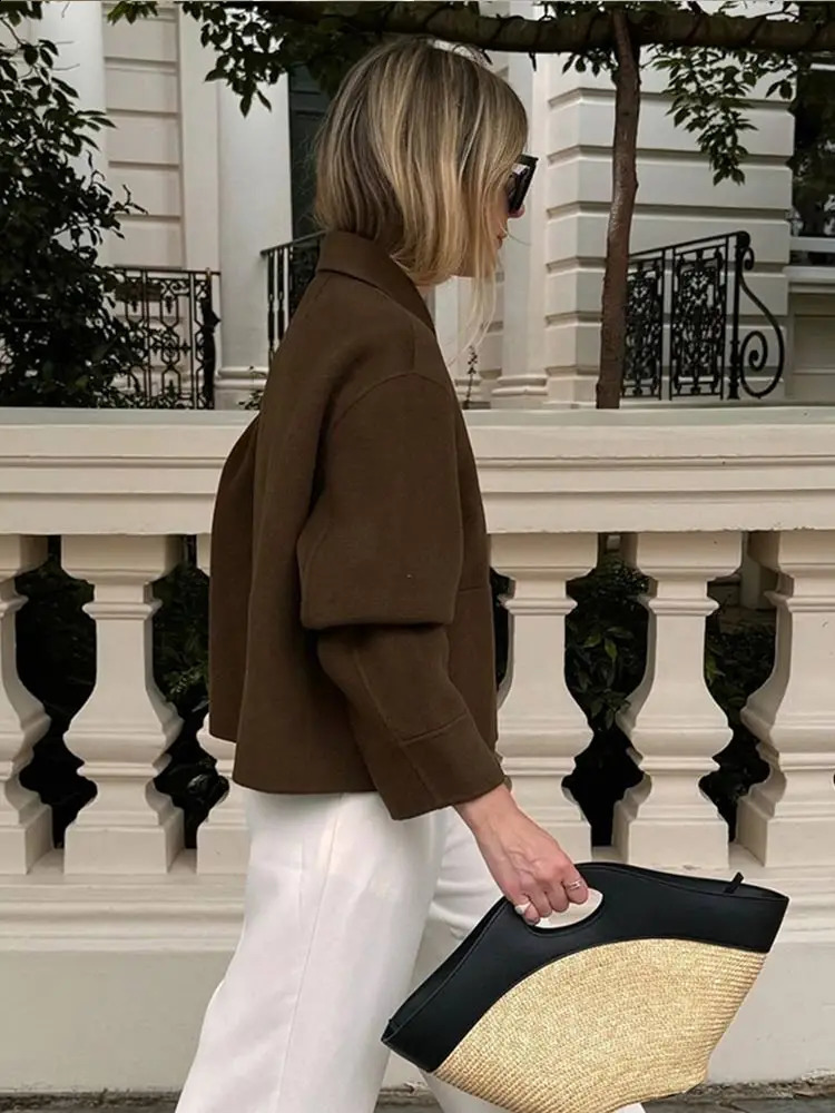 Women Fashion Solid Blends Jacket Chic Lapel Long Sleeves Singlebreasted Short Coat 2024 Autumn Lady Casual Streetwear 240824