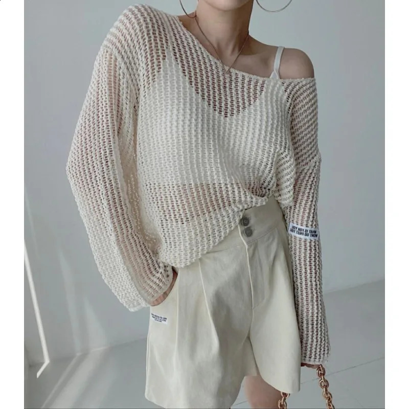 Deeptown Vintage Y2K Knitwear White Womens Sweater Hollow Out Knit Oversize Spring Korean Fashion Pullovers Streetwear Casual 240824