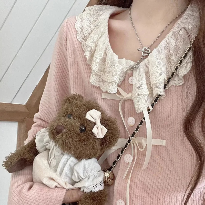 Deeptown Kawail Lace Up Knitted Cardigan Sweater Japanese Fashion Womens Aesthetic Knitwear Spring Cute Sweet Preppy Korean 240824