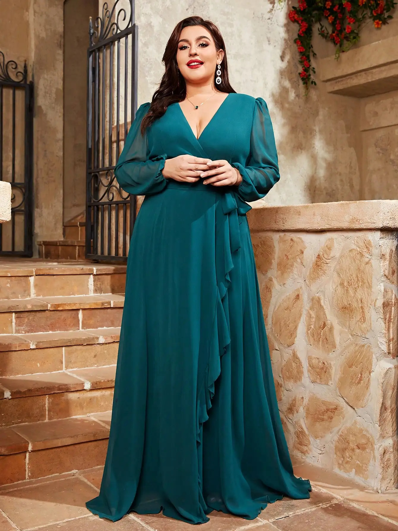 Mgiacy Plus Size V-Neck Irregular Cross Long Sleeved Pleated Chiffon Full Skirt Evening Party Gown 240824