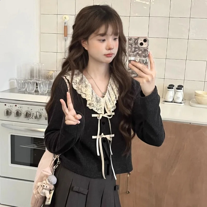 Deeptown Kawail Lace Up Knitted Cardigan Sweater Japanese Fashion Womens Aesthetic Knitwear Spring Cute Sweet Preppy Korean 240824