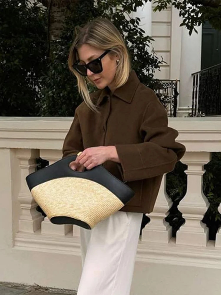 Women Fashion Solid Blends Jacket Chic Lapel Long Sleeves Singlebreasted Short Coat 2024 Autumn Lady Casual Streetwear 240824