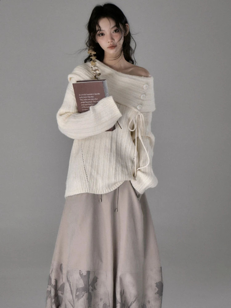 Y2k Aesthetic Solid Sexy Off Shoulder Sweater Women Vintage Harajuku Bandage Knitted Jumper Fairy Grunge Casul Loose Pullover 240824