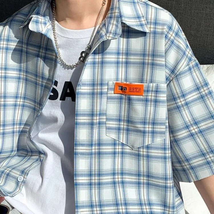 Japanese Plaid Short Sleeve Mens Shirt Yellow Vintage Slim Fit Smooths Your Silhouette Elegant Thin Style Half Sleeve Tops 240824